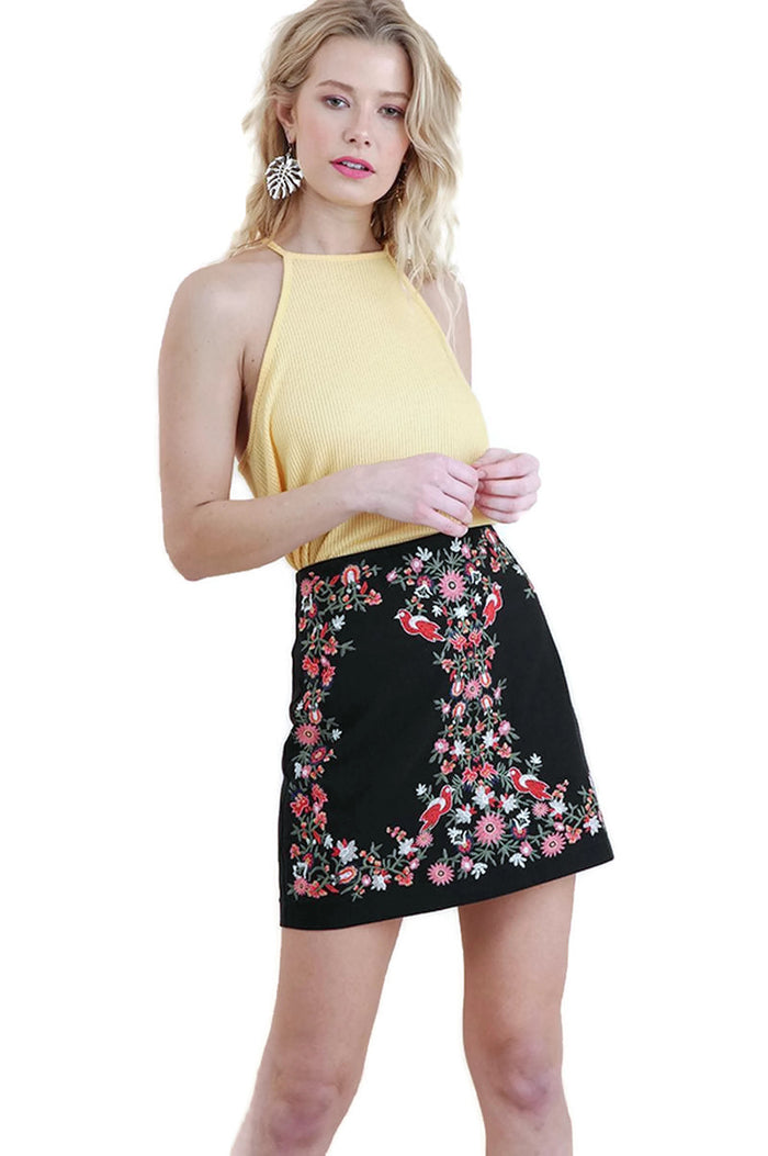 Floral Embroidered High Waist Mini Skirt, Black