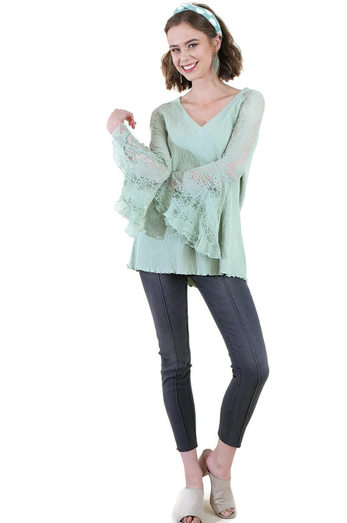 Sheer Lace Bell Sleeve Tunic Top, Dusty Mint