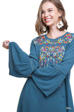 Floral Embroidered Bell Sleeve Mini Dress, Teal