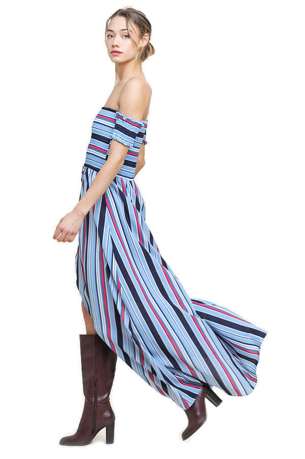 Striped Ruffle Tulip Maxi Dress, Blue