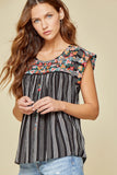 Flutter Sleeve Striped & Embroidered Top