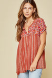 Striped Babydoll Embroidered Top, Rust