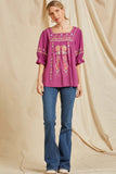 Embroidered Peasant Top, Magenta