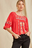 Embroidered Peasant Top, Red