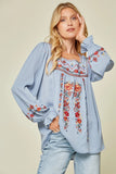 Embroidered Babydoll Top, Blue