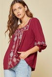 Embroidered Peasant Top, Wine
