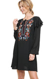 Floral Embroidered Puff Sleeve Dress, Black