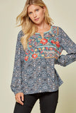 Floral Embroidered Blouse, Navy