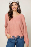 Frayed V-Neck Sweater, Terra Cotta