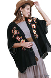 Floral Embroided Scallop Hem Kimono, Black