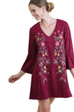 Floral Embroidered Bell Sleeve Dress, Wine
