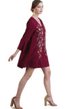 Floral Embroidered Bell Sleeve Dress, Wine