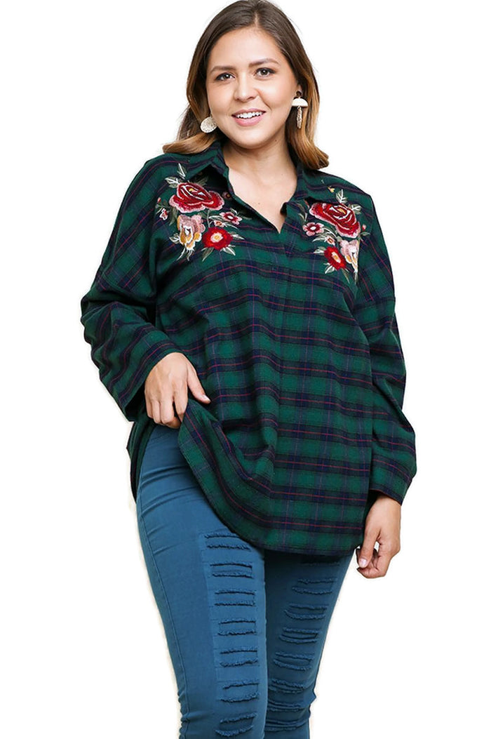 Floral Embroidered Plaid Tunic, Green
