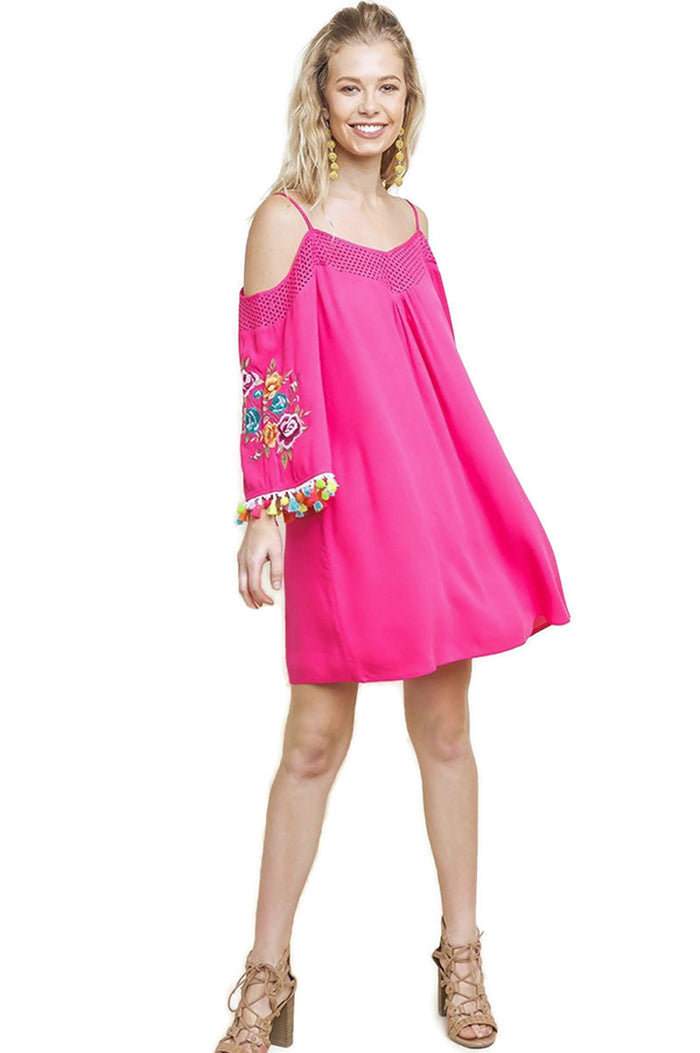 Floral Embroided Pom & Tassel Mini Dress, Pink