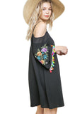 Floral Embroided Pom & Tassel Mini Dress, Black