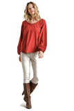 Contrast Knit Puff Sleeve Top, Rust