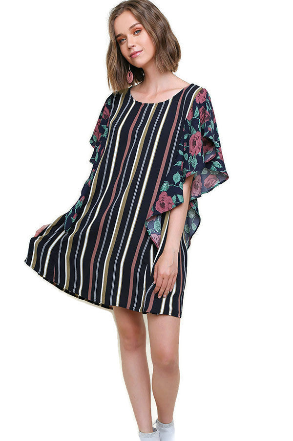 Striped & Floral Ruffle Sleeve Dress, Navy Mix
