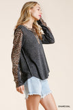 Leopard Trimmed Snap Front Top, Charcoal