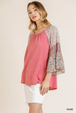 Mixed Print Bell Sleeve Top, Rose