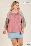 Mixed Print Bell Sleeve Top, Rose