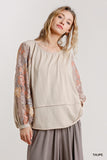 Multicolor Floral Lace Sleeve Top, Taupe