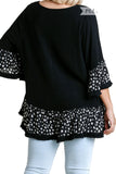 Spotted Bell Sleeve Frayed Top, Black