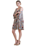 Floral Cold Shoulder Dress With 3/4 Bell Sleeves, Latte