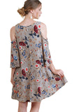Floral Cold Shoulder Dress With 3/4 Bell Sleeves, Latte