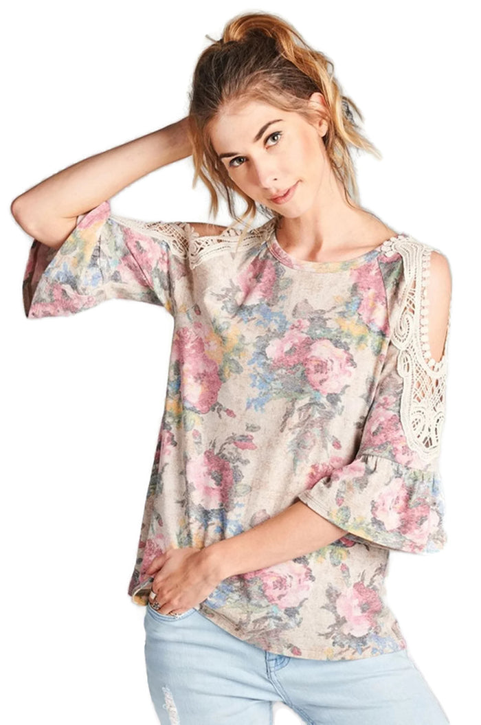 Floral Crochet Washed Top, Oatmeal