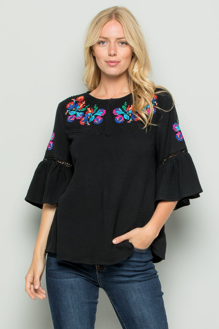 Embroidered Bell Sleeve Top, Black