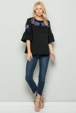 Embroidered Bell Sleeve Top, Black