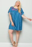 Take It Easy Embroidered Dress, Chambray