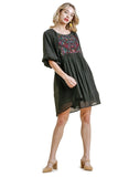 Floral Embroidered Balloon Sleeve Dress, Black