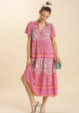 Mixed Print Tiered Maxi Dress, Rose Pink