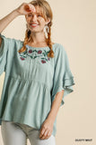 Floral Embroidered Babydoll Top, Mint