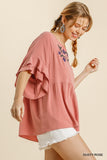 Floral Embroidered Babydoll Top, Rose