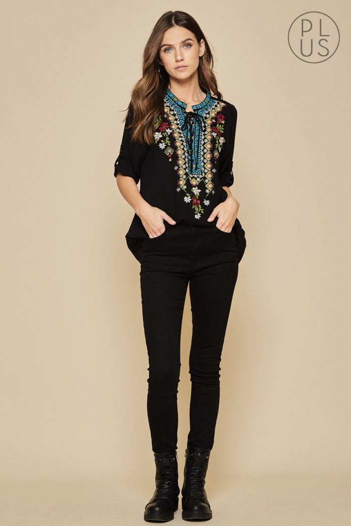 Lace Up Embroidered Top, Black