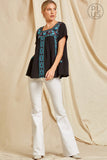 Black & Teal Embroidered Babydoll Top