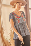 Babydoll Embroidered Top, Charcoal