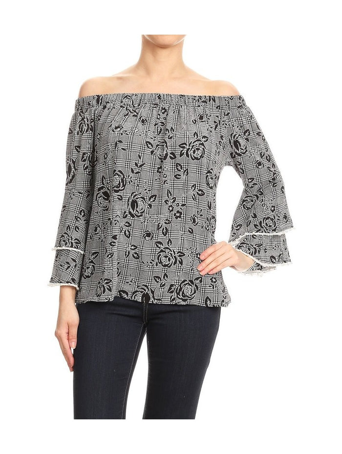 Off the Shoulder Ruffle Sleeve with Pearls Top