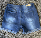 Distressed Mid-Rise Dark Wash Denim Shorts